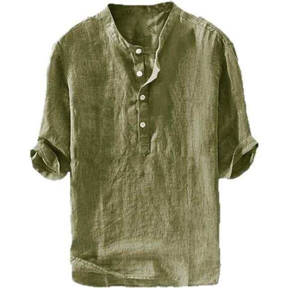 Mens Linen Shirts Casual Cotton 3/4 Sleeve Regular-Fit Henley - Picture 6 of 6